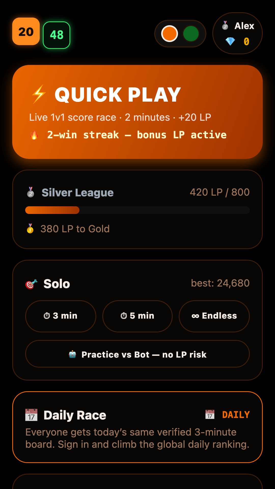 2048 Turbo Arena home screen with Quick Play, Silver League, solo modes and Daily Race